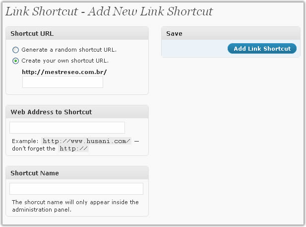 Menu para Adicionar Nova URL Encurtada