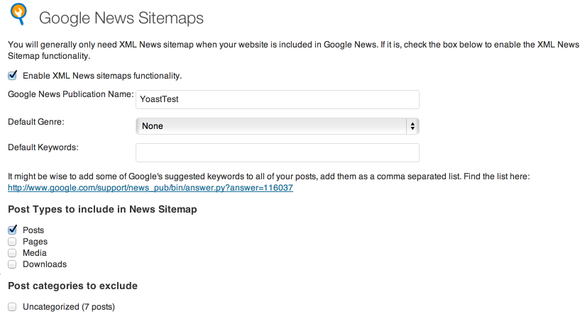 Configurações do News SEO
