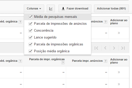 Filtros do Planejador de Palavras-chave